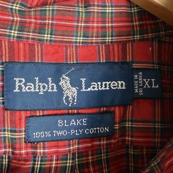 Ralph Lauren Shirt Blake Red Tartan Plaid Two Ply Cotton Blue Pony Men's XL VTG - Picture 4 of 6